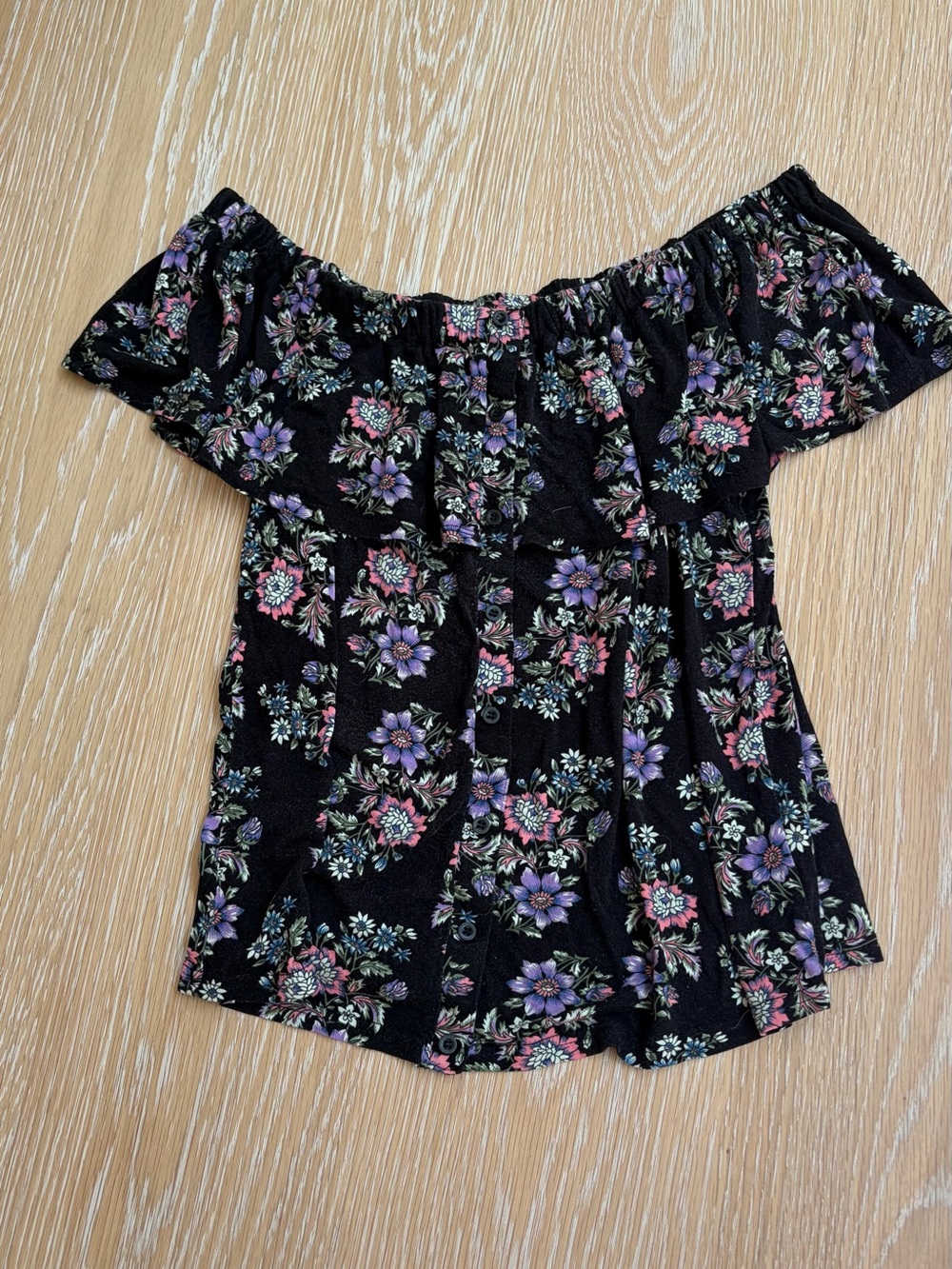 VENUS Black Off-Shoulder Floral Crop Top with Pink & Purple Flowers